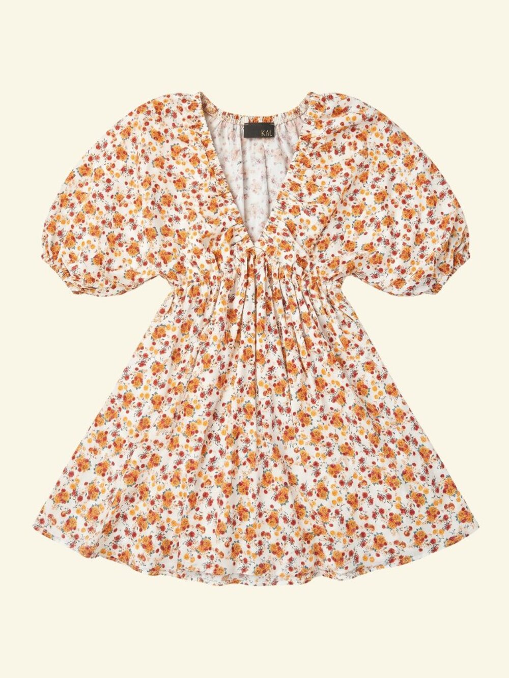 KAII Miley & Molly Orange Resort Floral Dress V-Neck Puff Sleeve